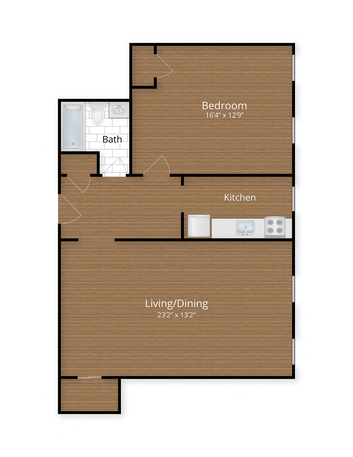 Floor plan for 1 bed, 1 bath, 701 sqft
